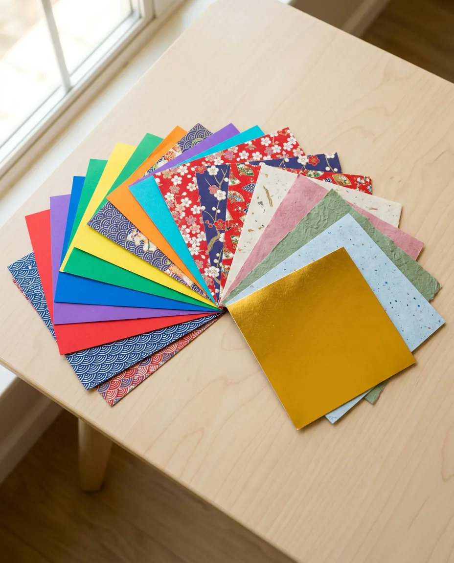 A fan of origami papers: bright kami, patterned chiyogami, soft washi and one gold sheet.