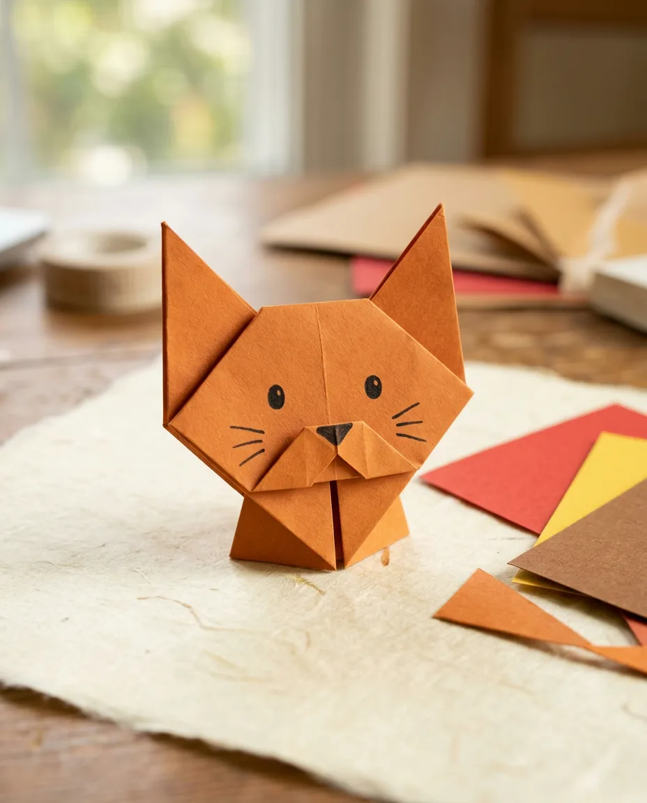 A finished origami cat folded from orange paper, with drawn eyes and whiskers, standing on a pale washi surface.