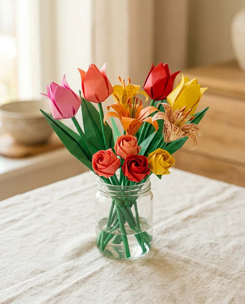 A bouquet of folded origami tulips, roses and lilies in a small glass jar.