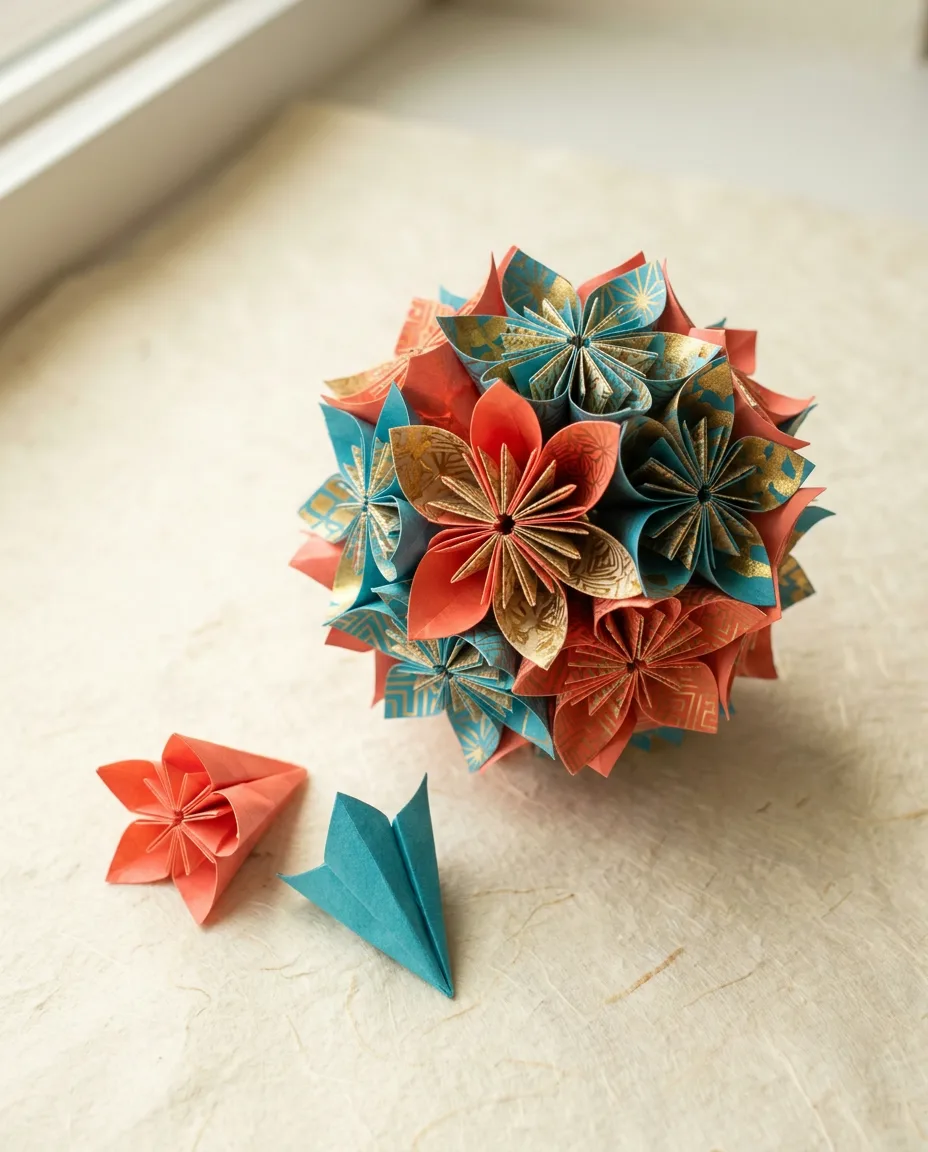 A kusudama flower ball assembled from coral, teal and gold folded units.