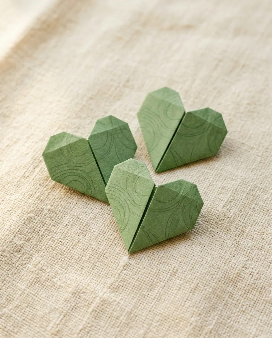 Small hearts folded from plain money-green paper on a cream linen cloth.