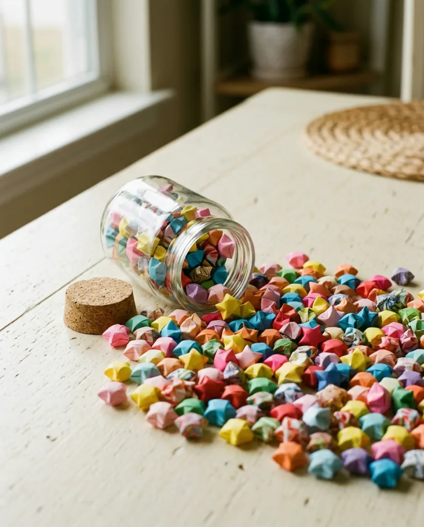 A glass jar tipped over with colorful folded lucky stars spilling onto the table.