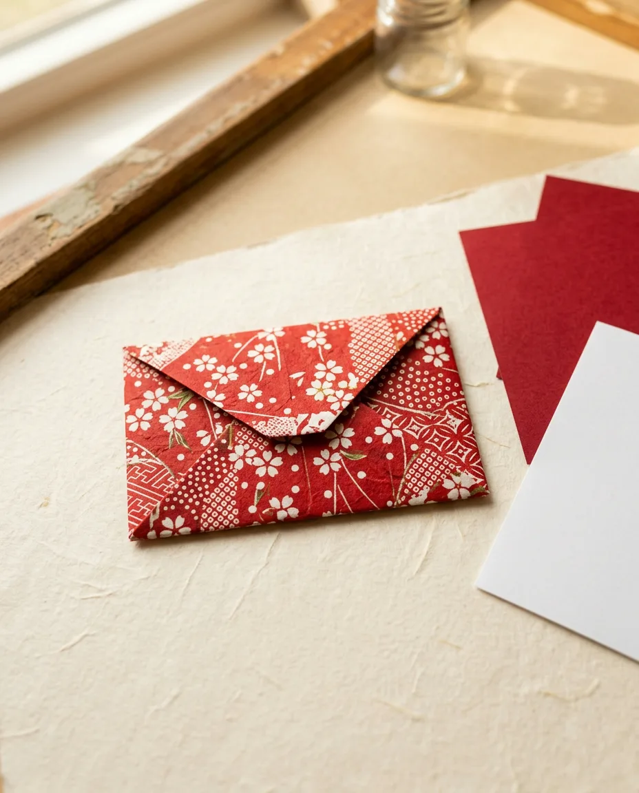 A red patterned origami envelope with a tucked flap lying on a cream desk.